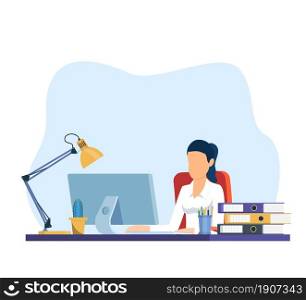 Businesswoman sitting at desk working on computer in office. Office worker working paperwork. Computer on table. Vector illustration in flat style. businesswoman working on computer