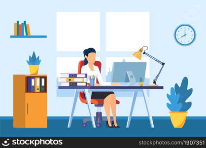 Businesswoman sitting at desk working on computer in office. Office worker working paperwork. Computer on table. Vector illustration in flat style. businesswoman working on computer at the desk in office