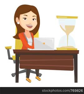Businesswoman sitting at the table with hourglass symbolizing deadline. Businesswoman coping with deadline successfully. Deadline concept. Vector flat design illustration isolated on white background.. Business woman working in office.