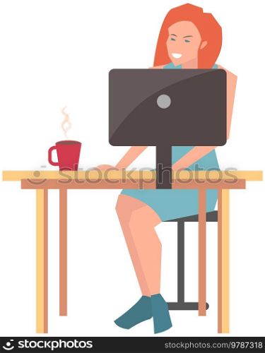 Businesswoman sitting at workplace and working with computer. Woman works in business, plans development strategy, freelance. Business company employee at table with monitor doing work online. Businesswoman sitting at workplace and working with computer. Woman works in business online