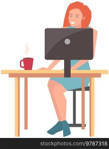 Businesswoman sitting at workplace and working with computer. Woman works in business, plans development strategy, freelance. Business company employee at table with monitor doing work online. Businesswoman sitting at workplace and working with computer. Woman works in business online