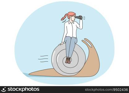 Businesswoman sitting on snail look in binoculars wait for work success. Female employee lose business race, have slow growth or bad results. Vector illustration.. Businesswoman on snail lose business race