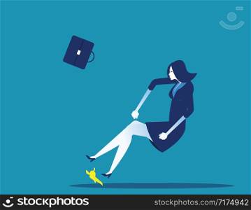 Businesswoman slipped on a banana peel. Concept business vector illustration. Flat character style.