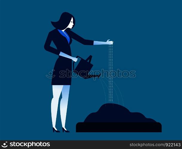Businesswoman sowing and watering seeds. Concept business success vector illustration. Vector cartoon character flat
