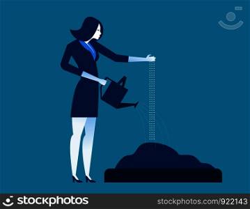 Businesswoman sowing and watering seeds. Concept business success vector illustration. Vector cartoon character flat