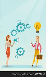 Businesswoman speaking to megaphone and making announcement for business idea. Businesswoman came up with idea. Business idea and announcement concept. Vector flat design illustration. Vertical layout. Announcement for business idea vector illustration