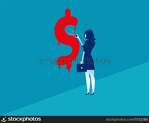 Businesswoman spraying dollar sign. Woman spraying graffiti of a dollar sign on wall. Concept business vector illustration.