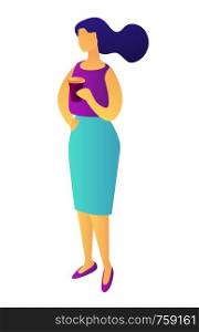 Businesswoman standing and drinking coffee, tiny people isometric 3D illustration. Female manager and coffee break, office life and staff, refreshment concept. Isolated on white background.. Businesswoman standing with coffee isometric 3D illustration.