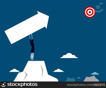 Businesswoman standing and hold white arrow. Business success vector.