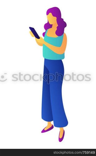 Businesswoman standing and holding a mobile phone, tiny people isometric 3D illustration. Surfing the Internet and socializing, texting, communication concept. Isolated on white background.. Businesswoman with mobile phone isometric 3D illustration.