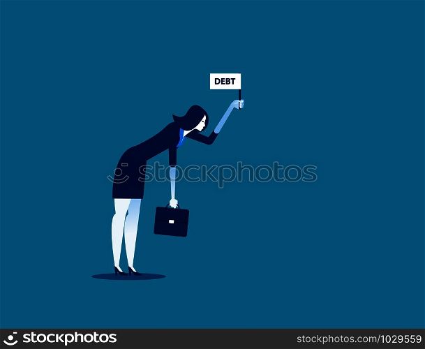 Businesswoman standing and holding debt flag sign. Concept business vector illustration.