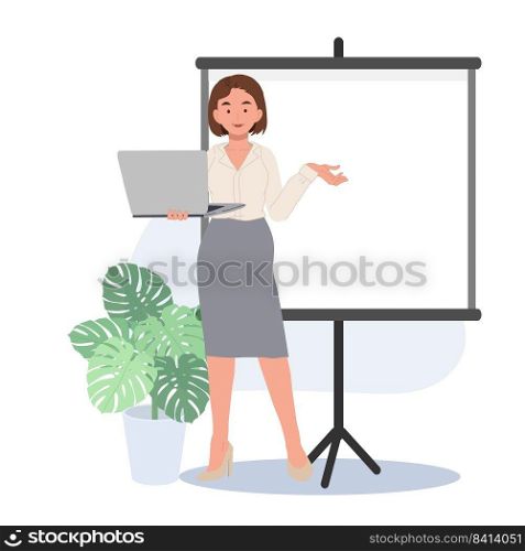 Businesswoman standing and holding laptop to present business presentation. Vector illustrations.