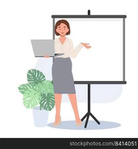 Businesswoman standing and holding laptop to present business presentation. Vector illustrations.