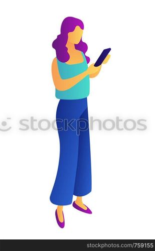 Businesswoman standing and looking at a mobile phone, tiny people isometric 3D illustration. Surfing the Internet and socializing, messaging, communication concept. Isolated on white background.. Businesswoman with mobile phone isometric 3D illustration.