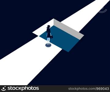 Businesswoman standing by shaped hole in road. Concept business illustration. Vector business abstract.
