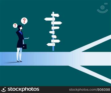 Businesswoman standing confused by direction sign. Concept business illustration. Vector flat