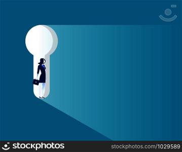 Businesswoman standing in keyhole. Concept business vector illustration.