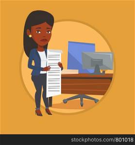 Businesswoman standing in office with long bill. Disappointed businesswoman holding long bill. Businesswoman looking at long bill. Vector flat design illustration in the circle isolated on background.. Business woman holding long bill.