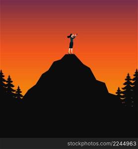 Businesswoman standing looking for opportunities in binocular on top peak mountain, achieve, vision, leadership, business concept, vector illustration flat