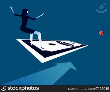 Businesswoman standing money and go to the target. Concept business vector illustration.