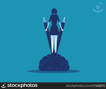 Businesswoman standing on brain. Concept business vector illustration. Rear view style.