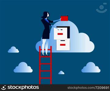 Businesswoman standing on ladder and putting file. Concept business data illustration. Vector cartoon character