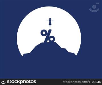 Businesswoman standing on percentage sign. Concept business vector illustration.