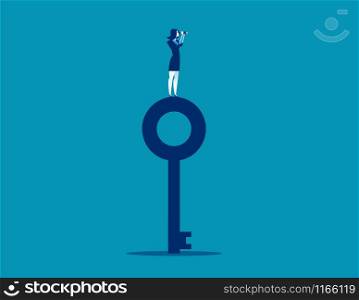 Businesswoman standing on top key and looking through telescope. Concept business vector illustration.