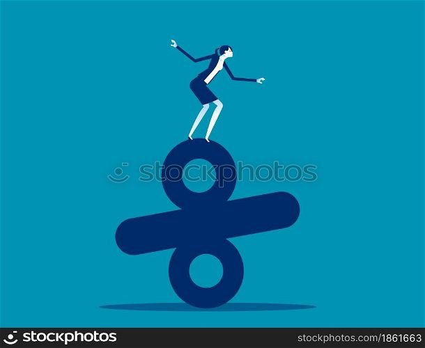 Businesswoman standing on top of percentage. Business balance concept