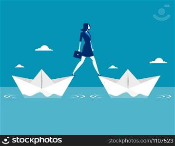 Businesswoman standing two paper boat. Concept business vector illustration.