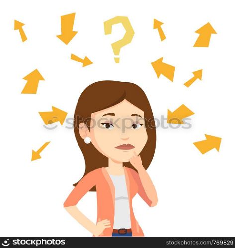 Businesswoman standing under question mark and arrows. Businesswoman thinking. Thoughtful woman surrounded by question mark and arrows. Vector flat design illustration isolated on white background.. Young business woman thinking vector illustration.