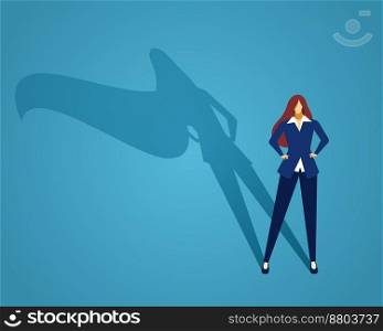 Businesswoman standing with superhero shadow, confident female. Vector of superhero businesswoman, woman power in business, success concept, standing character hero, strength leadership illustration. Businesswoman standing with superhero shadow, confident female