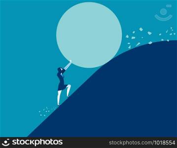 Businesswoman stopping a giant rolling rock. Concept business vector illustration.
