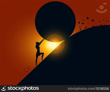 Businesswoman stopping a giant rolling rock. Concept business vector illustration.