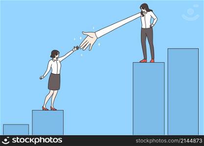 Businesswoman stretch hand help female colleague climb stairs overcome difficulties in business. Woman employee aid assist worker with goal achievement. Teamwork concept. Vector illustration. . Woman employee help female colleague for goal achievement