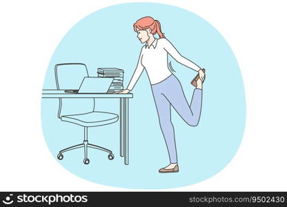 Businesswoman stretching at desk table at office. Female employee do sports or workout at workplace. Healthy active lifestyle. Vector illustration.. Businesswoman do gymnastics at workplace