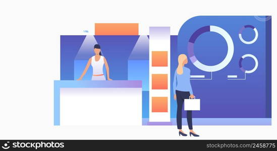 Businesswoman studying isometric sale stands. Expo demonstration, mall marketing event. Product exhibition concept. Vector illustration for webpage, landing page