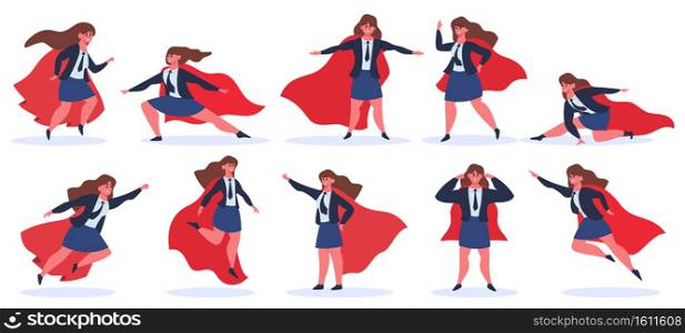 Businesswoman superhero. Female superhero character in superhero action poses in red cloak. Super hero powerful lady vector illustration set. Office manager in costume, leadership concept. Businesswoman superhero. Female superhero character in superhero action poses in red cloak. Super hero powerful lady vector illustration set