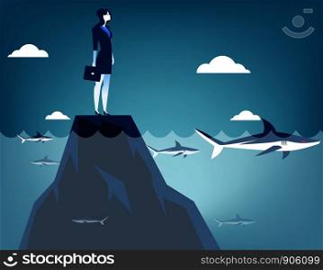 Businesswoman surrounded by shark. Concept business illustration. Vector flat