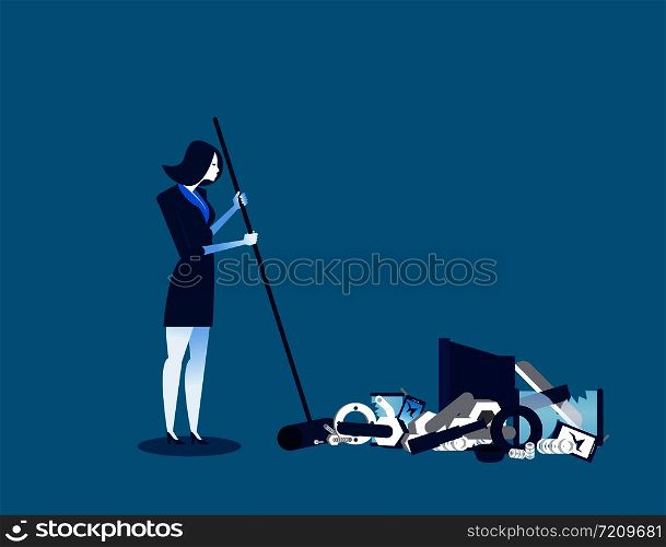 Businesswoman sweeping away old technology. Concept technology business illustration. Vector innovation of technology
