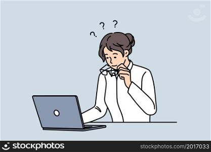 Businesswoman take off glasses look at screen shocked by unexpected news online on computer. Frustrated female employee surprised confused with laptop notification or notice. Vector illustration. . Businesswoman shocked by unexpected notice on computer