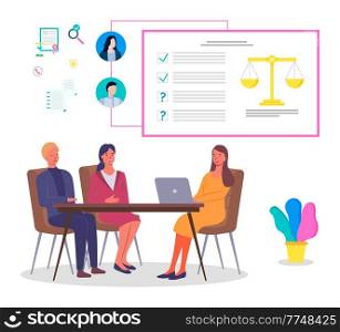 Businesswoman talking and working together in office. Partners lawyers communicating concept. Business meeting around table . Brainstorming process, team business women with laptop collaboration. Businesswoman talking and working together in office. Partners lawyers meeting around the table