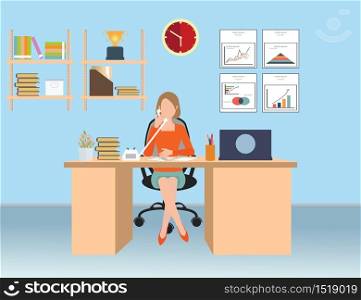 Businesswoman talking on the phone in office, Interior office room, conceptual vector illustration.