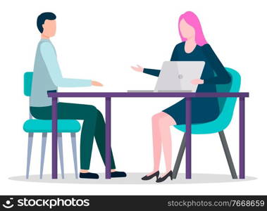 Businesswoman talking to candidate on interview. Man asking and answering questions of woman with pc. Businesslady with laptop showing info on screen to male entrepreneur. Vector in flat style. Meeting of Man and Woman, Candidate on Interview