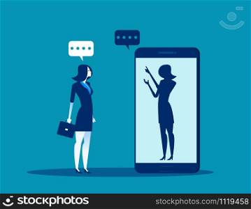 Businesswoman talking with anonymous person inside of smartphone. Concept business vector illustration.