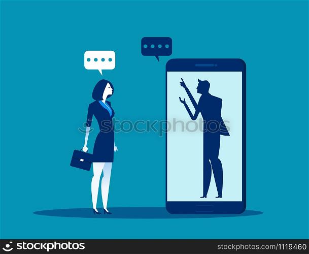 Businesswoman talking with anonymous person inside of smartphone. Concept business vector illustration.