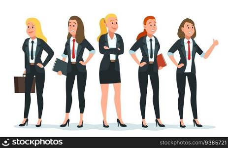 Businesswoman team. Female office workers group in formal clothing with notebook and briefcase. Colleagues financial meeting for employees. Successful executives vector illustration. Businesswoman team. Female office workers or colleagues group in formal clothing with notebook and briefcase