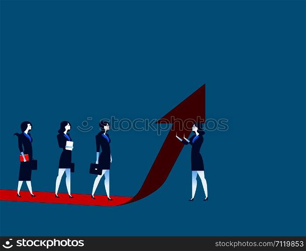 Businesswoman team moves up on the red arrow. Concept business illustration. Vector flat