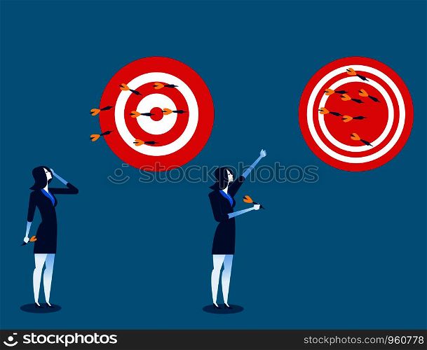 Businesswoman throwing darts at dart board. Concept business success illustration. Vector cartoon character and abstract