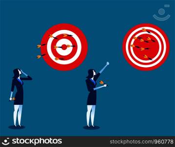 Businesswoman throwing darts at dart board. Concept business success illustration. Vector cartoon character and abstract